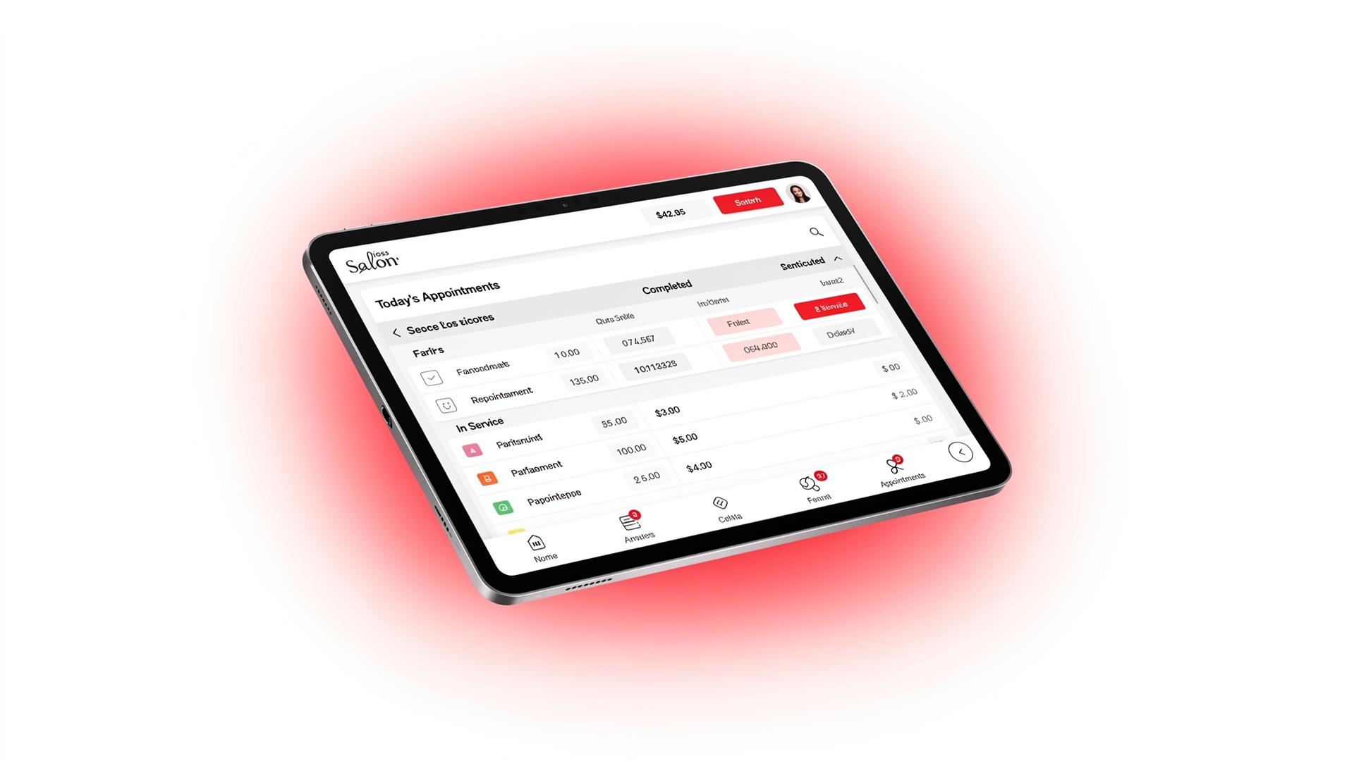Aarav POS dashboard on a tablet showing today's salon appointments