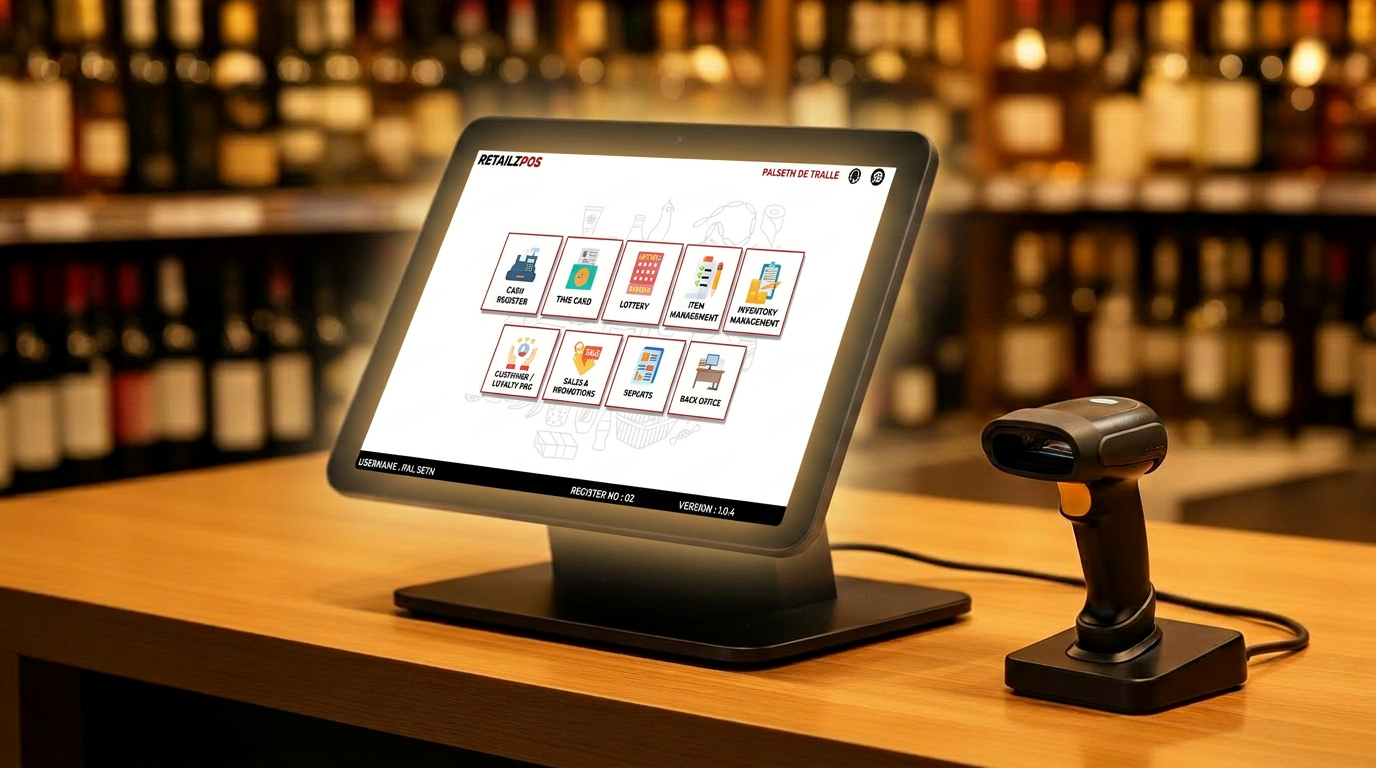 Modern Liquor POS terminal on a retail counter